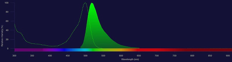 excitation and emission of fluorescein isothiocyanate (FITC)